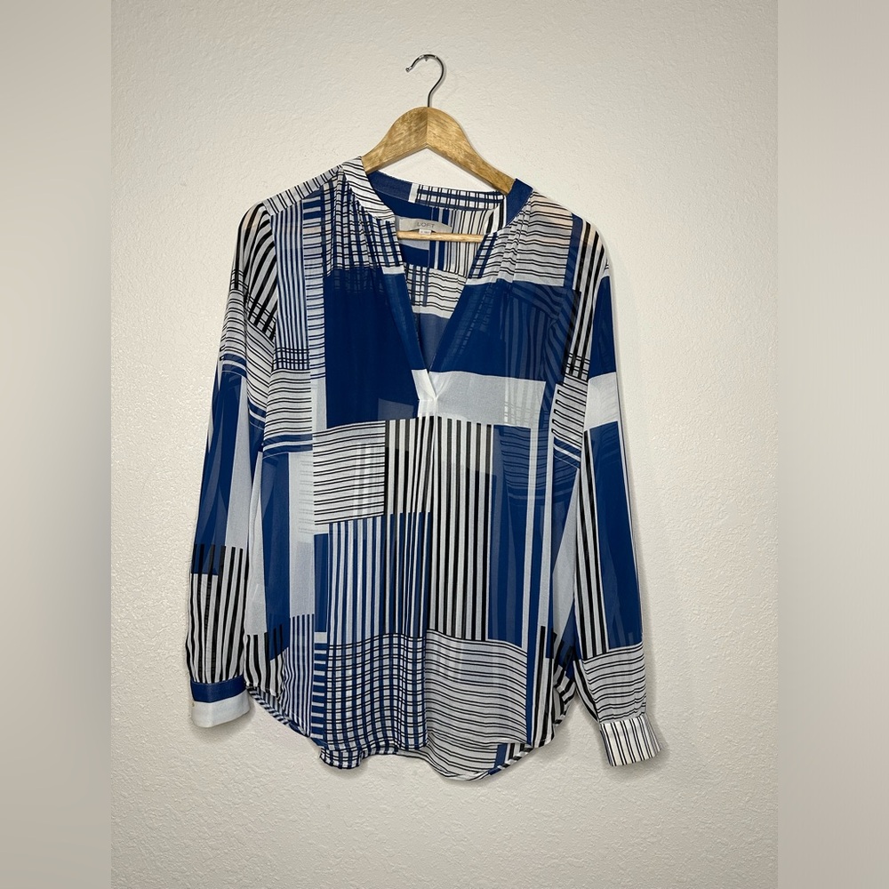 💫Loft Blue & White Sheer Plaid Tunic Blouse Size Small